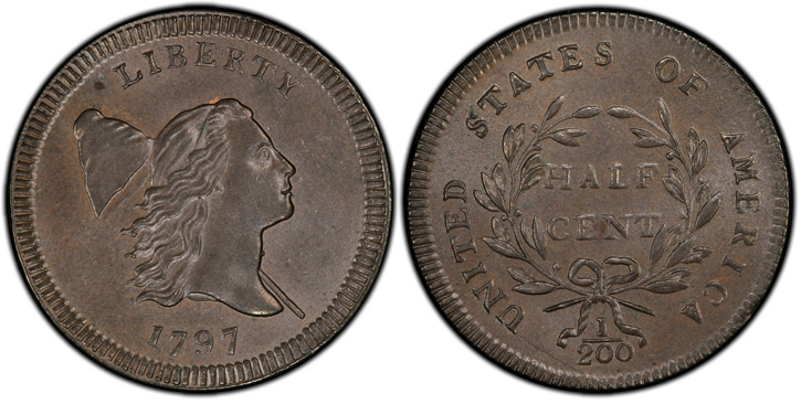1797 Liberty Cap Half Cent. C-2. Plain Edge, Centered Head.  MS-66 BN (PCGS). 